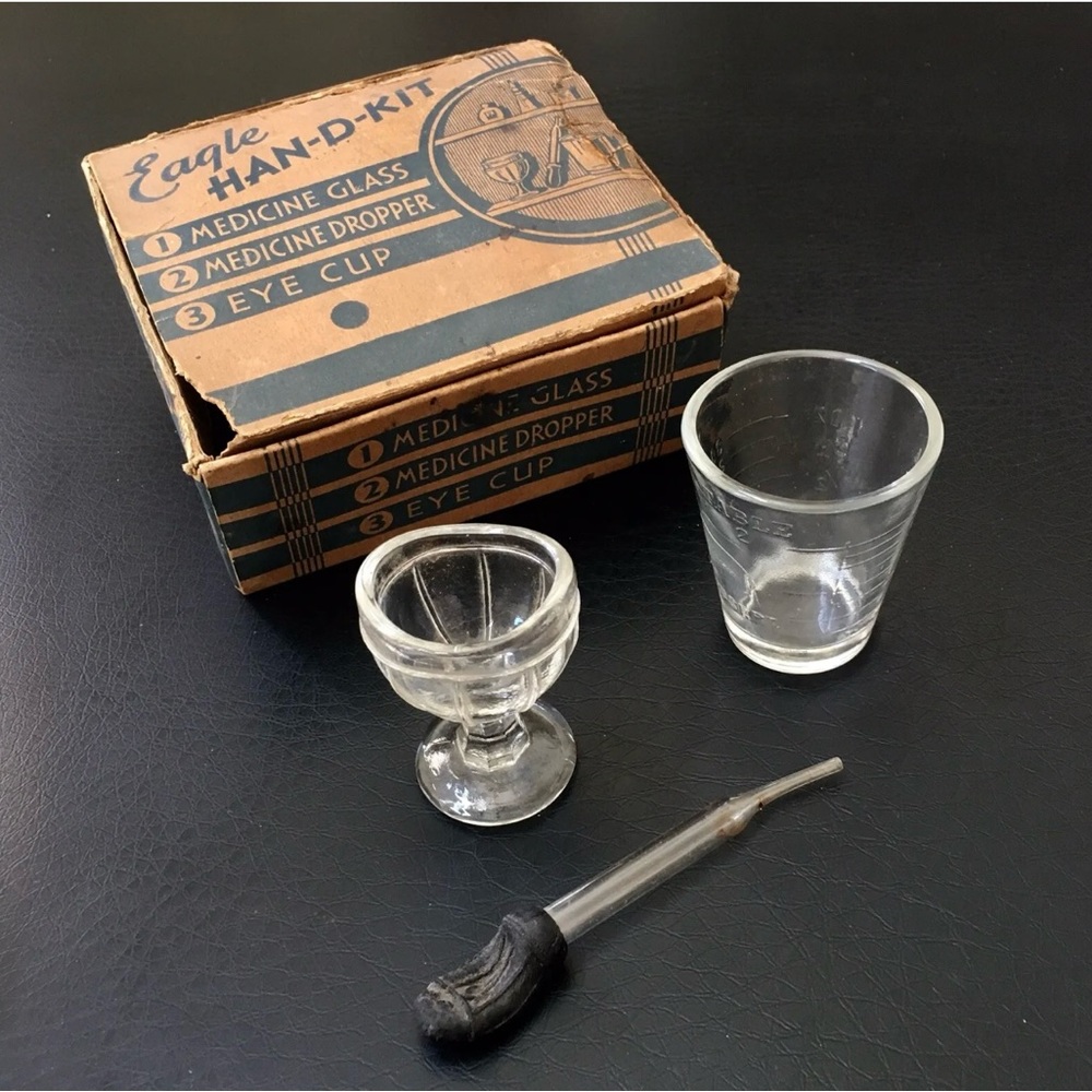 Vintage Eagle Han-D-Kit Eye Wash Kit - Medicine Glass, Dropper & Eye Cup - RARE!